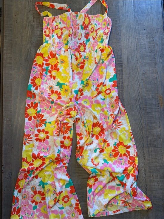 Pants - Floral Smocked Jumpsuit in Yellow, Pink & Orange